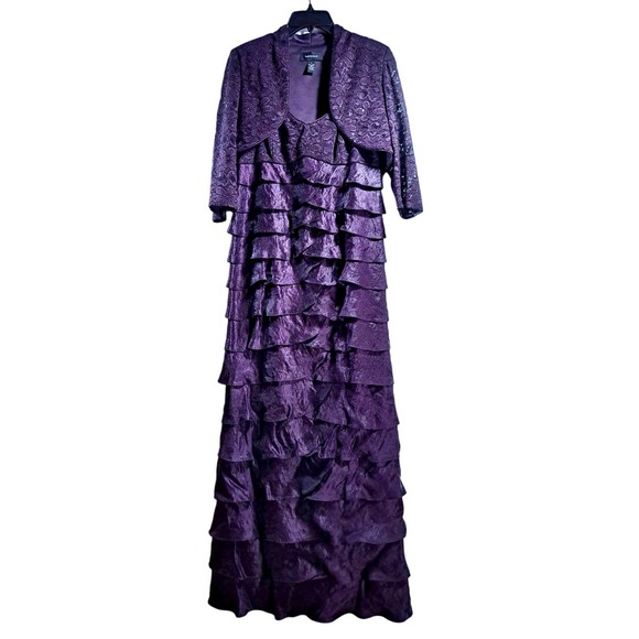 R & M Richards Women's 8 Purple Beaded Formal Tiered Ruffle Dress Gown w/Jacket - Picture 1 of 12
